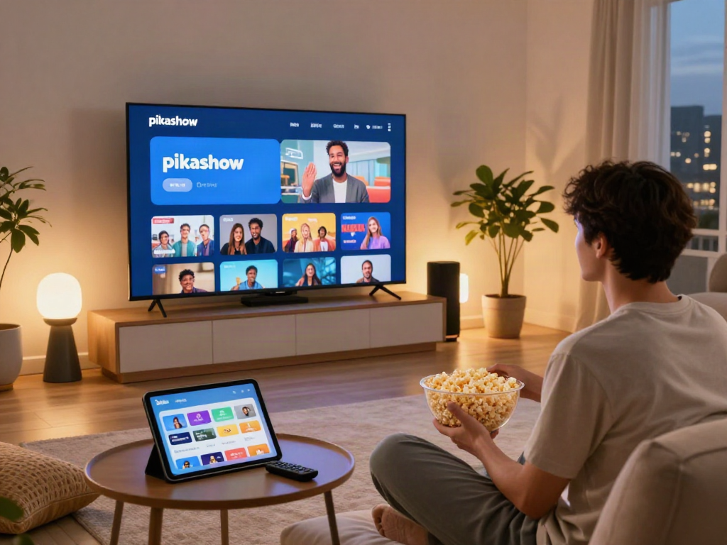 Enjoying the pikashow app on a smart TV in a cozy living room.