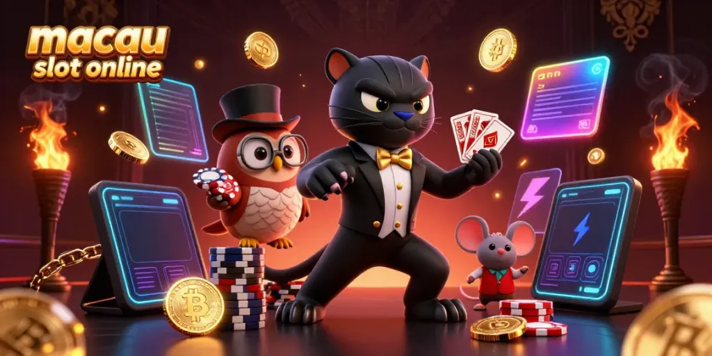 Berinteraksi dengan permainan macau slot online, karakter kartun kucing hitam memegang kartu di tengah.