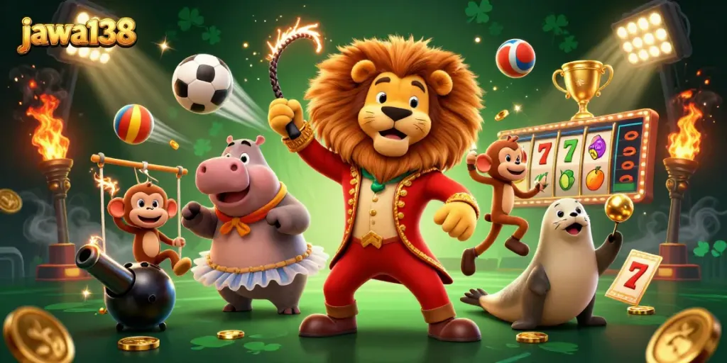 Experience jaw-dropping slots gameplay with jawa138's captivating circus characters in a vibrant casino scene.