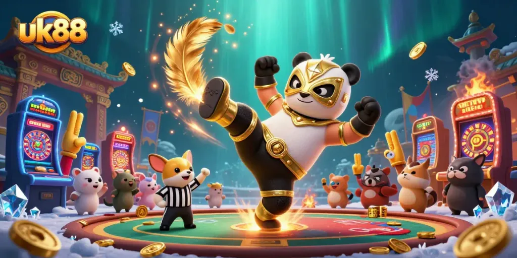 Experience thrilling casino action at uk88 with a 3D panda wrestler in a vibrant gaming scene.