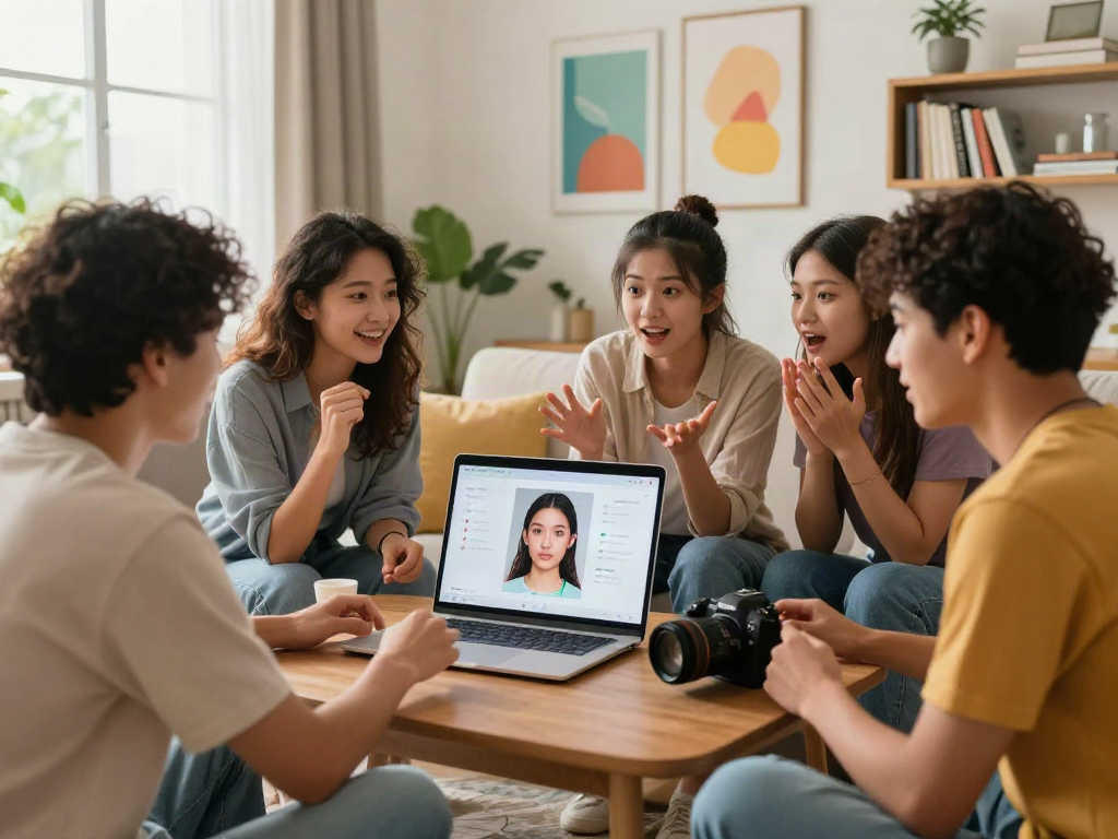 Group testing attractiveness online with AI analysis in a lively and casual living room setting.