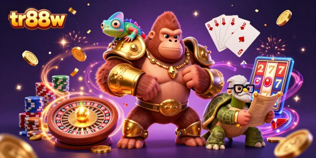 tr88w illustrates a powerful gorilla and his companions celebrating gambling wins with 3D casino elements.