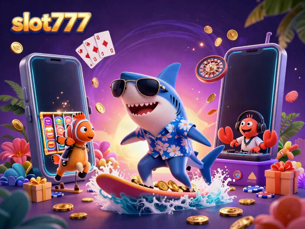 Engage in thrilling slot777 adventures featuring a shark, clownfish, and crab in a vibrant casino scene.