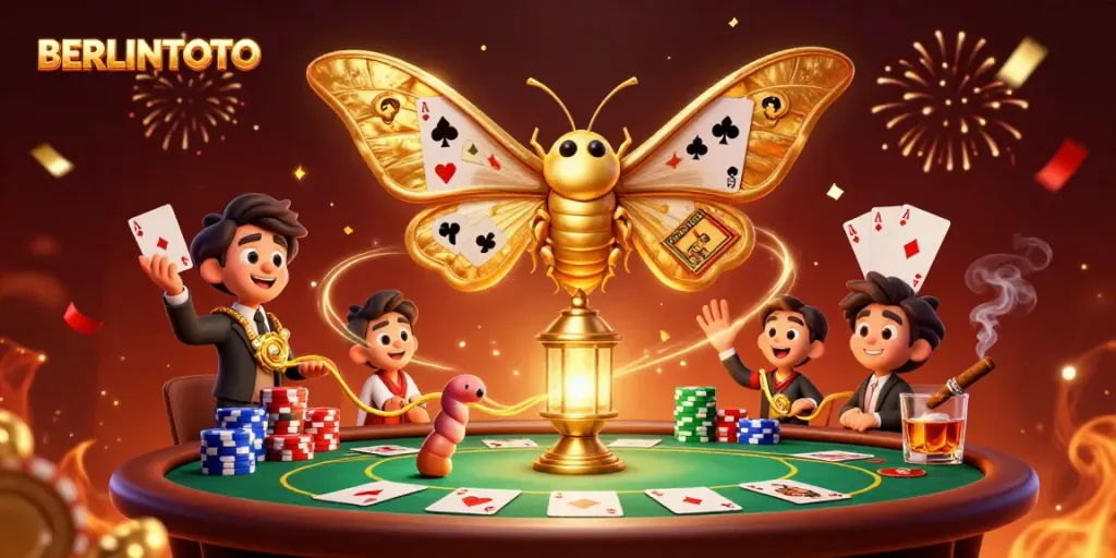 Engage in BERLINTOTO casino vibes with a dazzling illustration of gaming excitement and charmed characters.