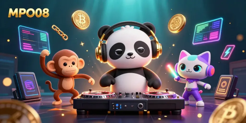 Experience MPO08's vibrant gaming scene featuring a DJ panda and dancing monkey in a crypto casino.