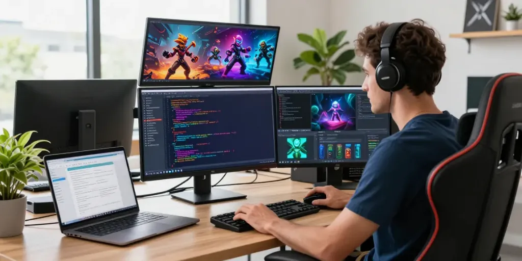 Programmer innovating on bos88 gaming platform with dual monitors and modern setup, immersed in digital artifact management.