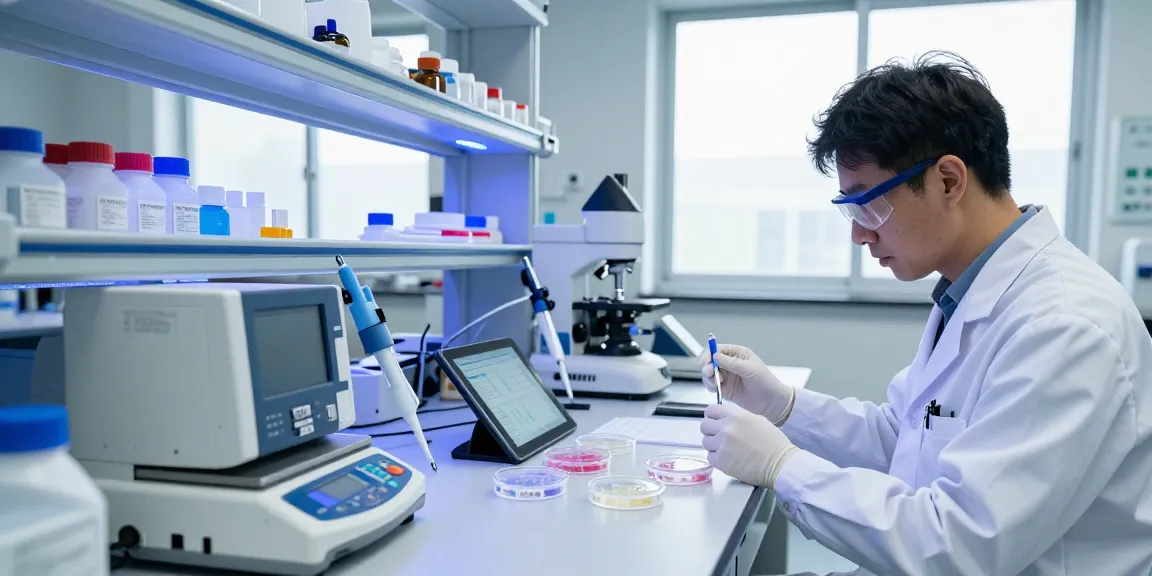 Scientist preparing peptide research chemicals online in a professional lab environment, showcasing high-grade laboratory equipment and precision.