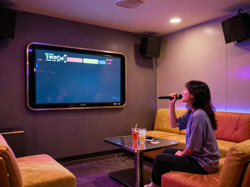 강남 달토 예약을 위한 아늑한 가라오케 룸에서 혼자 노래하는 모습