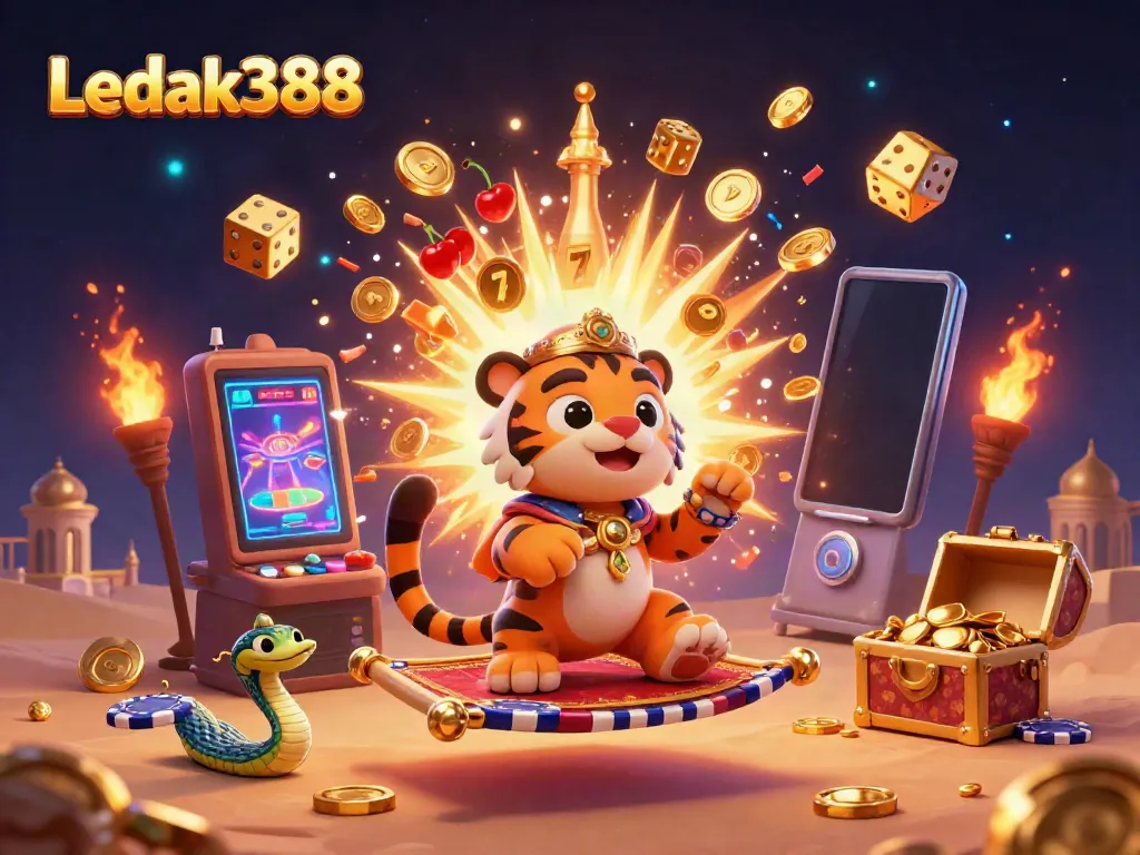 Experience thrilling wins at Ledak388 with vibrant casino games surrounded by an Arabian Nights theme.