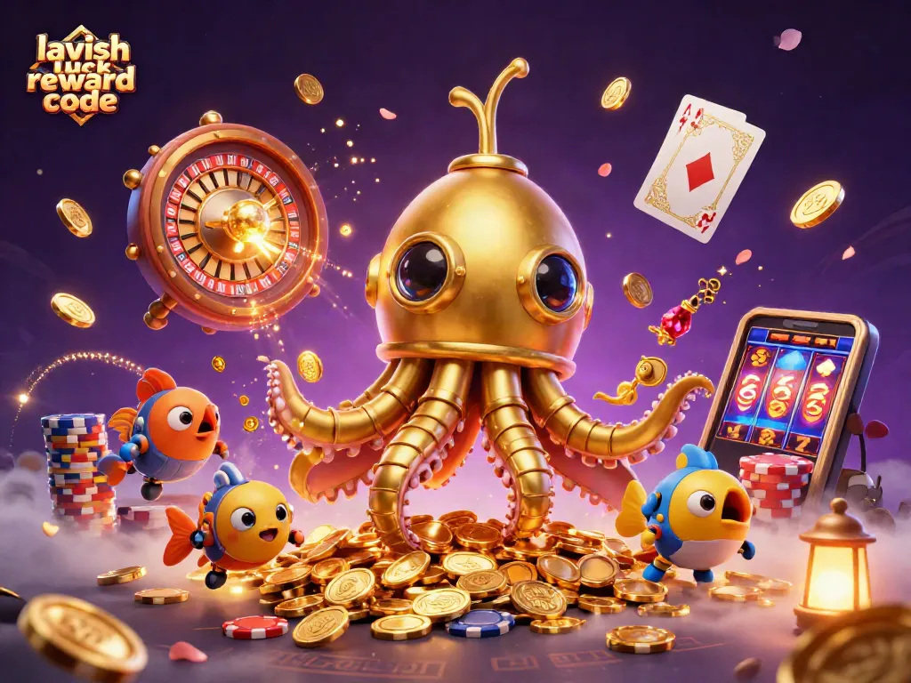 Engage with the lavish luck reward code in an energetic casino scene filled with golden kraken and bonuses.