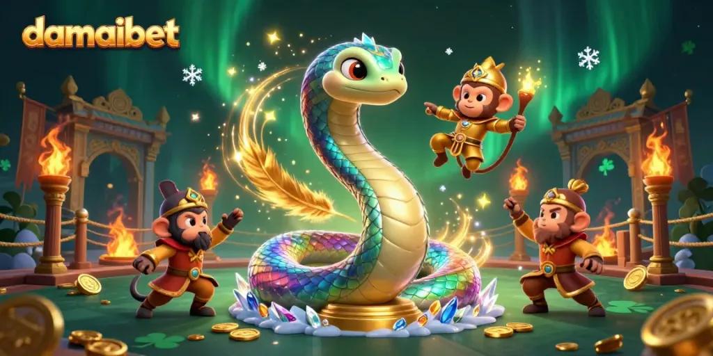 Experience vibrant gaming moments with damaibet as the rainbow serpent and monkey king entertain in a lavish arena.