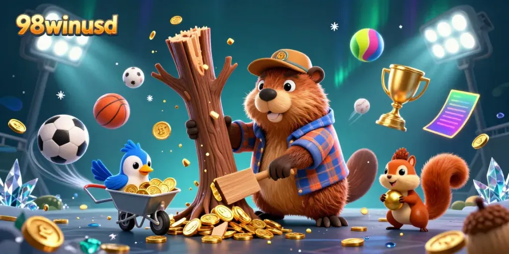 Experience the excitement of 98winusd with cartoon characters celebrating a winning moment in a vibrant casino-themed scene.