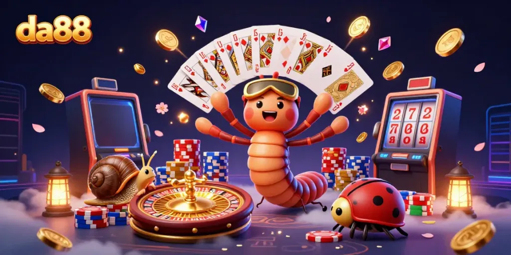 Engage in the excitement of da88 with a lively scene filled with colorful casino characters and vibrant gaming elements.