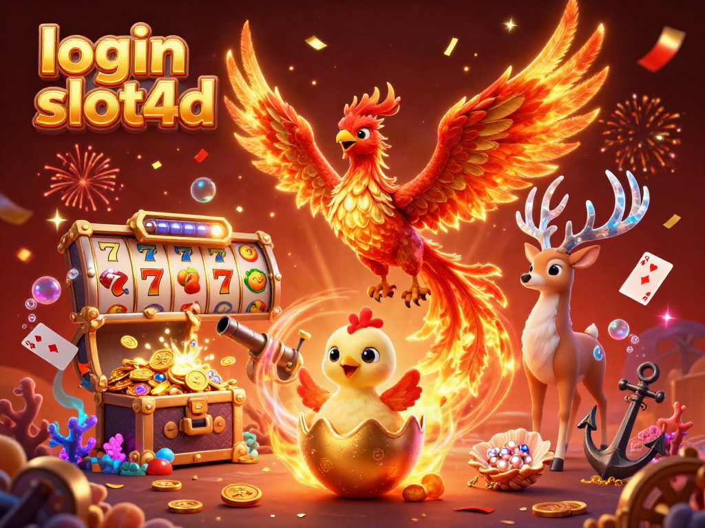 Engage in gaming with login slot4d, featuring mystical phoenixes and golden treasures in a vibrant casino scene.
