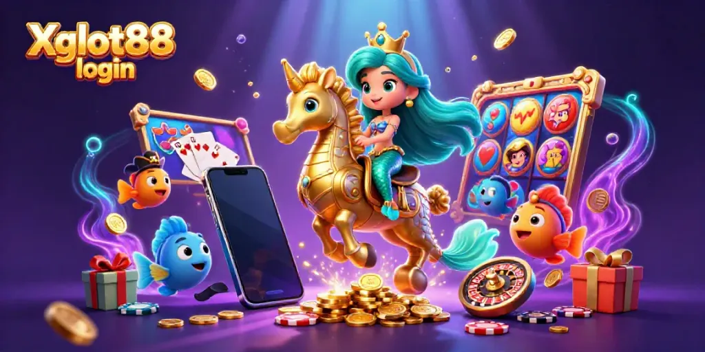 Gambarkan Xgslot88 login dengan putri duyung dan elemen taruhan slot yang menarik.
