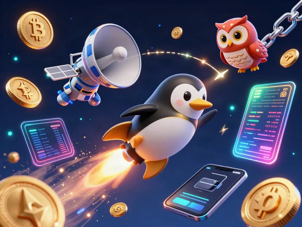 Experience the TG88 casino universe with a golden penguin flying towards a poker chip-shaped station surrounded by vibrant crypto elements.