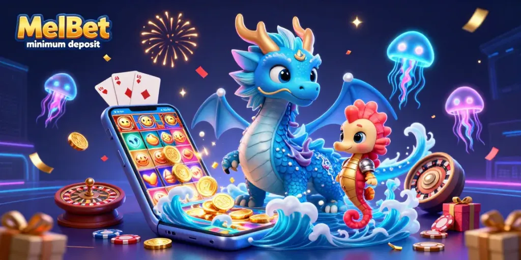 Experience seamless deposits with MelBet minimum deposit in this vibrant casino-themed scene.
