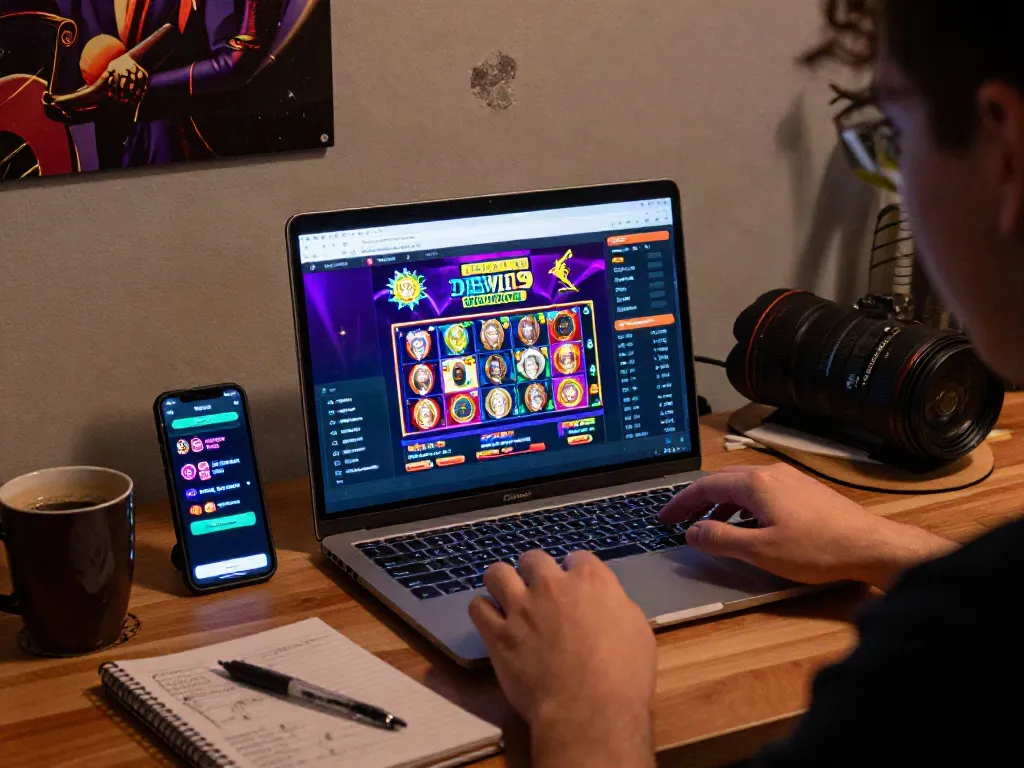 Pengguna DEWI19 mengakses portal slot gacor malam ini di laptop dengan tampilan permainan berwarna-warni.