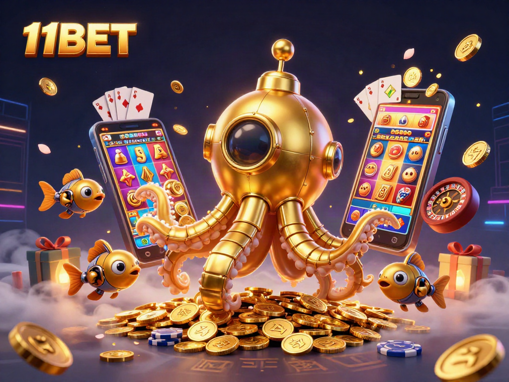 Engage with 11BET’s dynamic gaming scene featuring a kraken submarine and colorful slots.