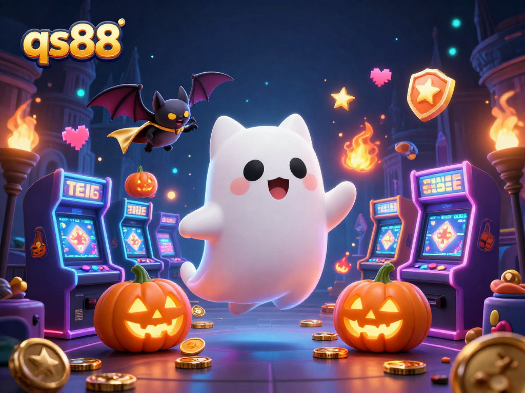 Experience thrilling moments at qs88 with a floating ghost cat and a vampire bat in a vibrant casino.
