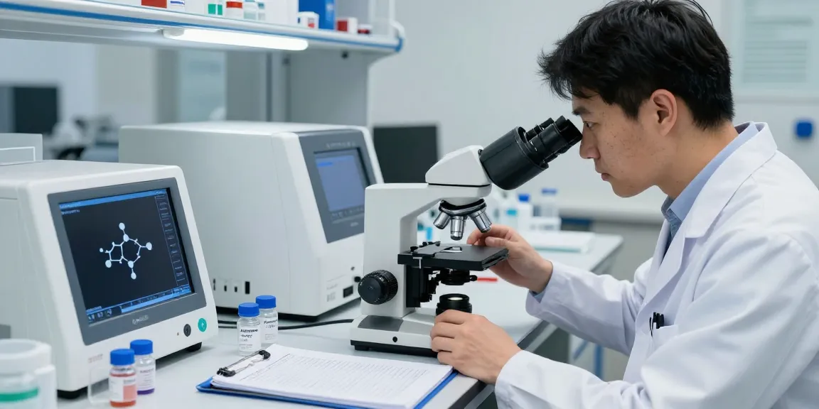 Lab technician analyzing adamax 1032 peptide with high-tech equipment.