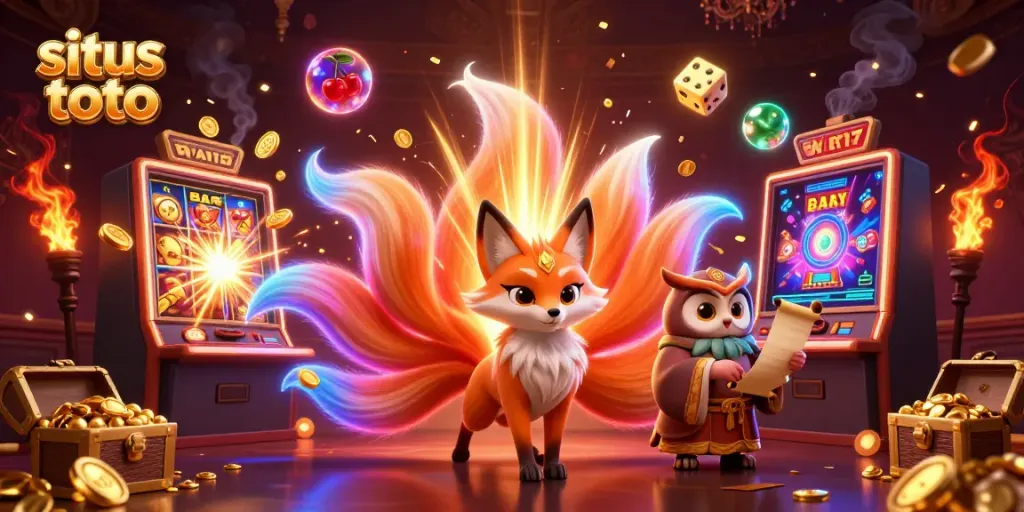 Spin to win at situs toto with a vibrant 3D fox spirit and dazzling casino elements.