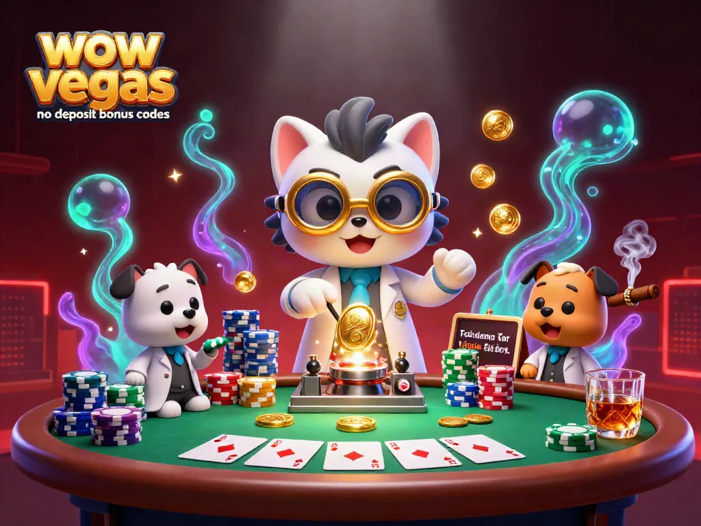 Engage with wow vegas no deposit bonus codes through a dynamic gaming scene featuring a mad scientist cat.