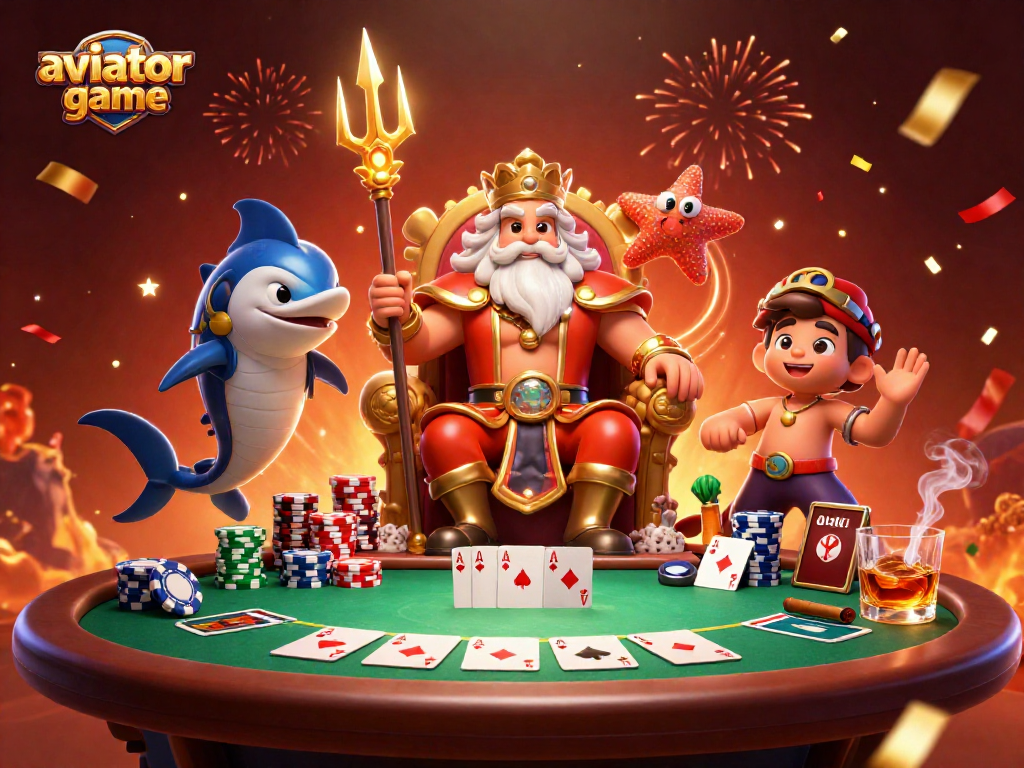 Aviator game illustration featuring Neptune and samurai in poker scene, capturing excitement