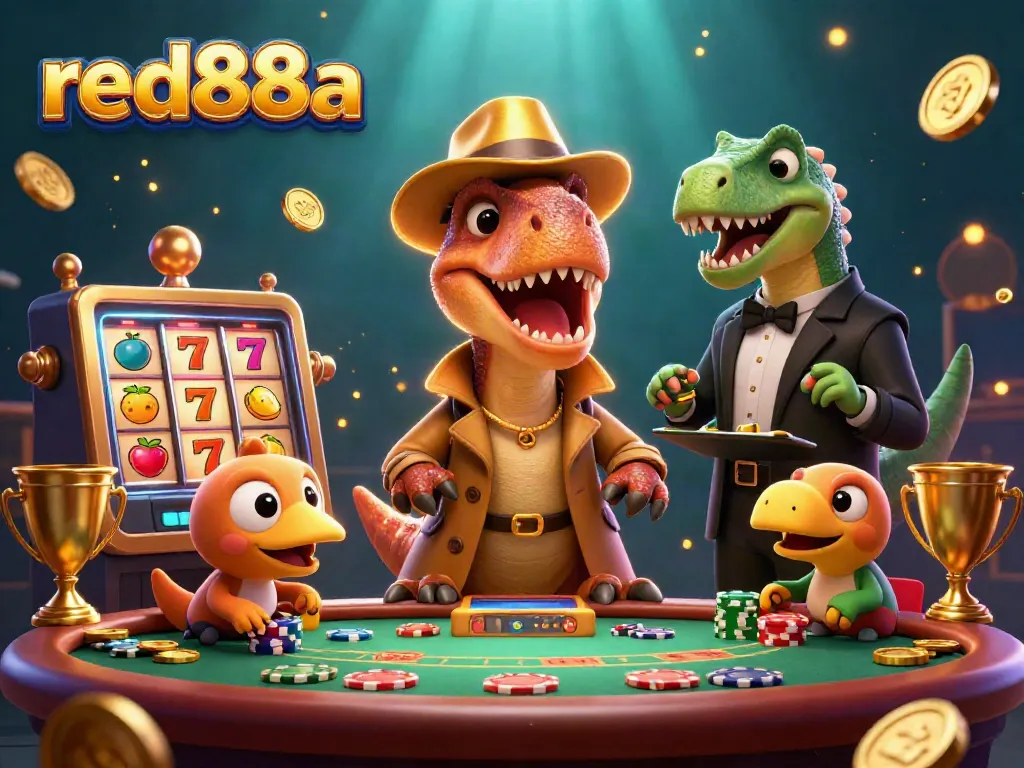 Catch the excitement at red88a with a velociraptor card counter at the blackjack table surrounded by slot machines.