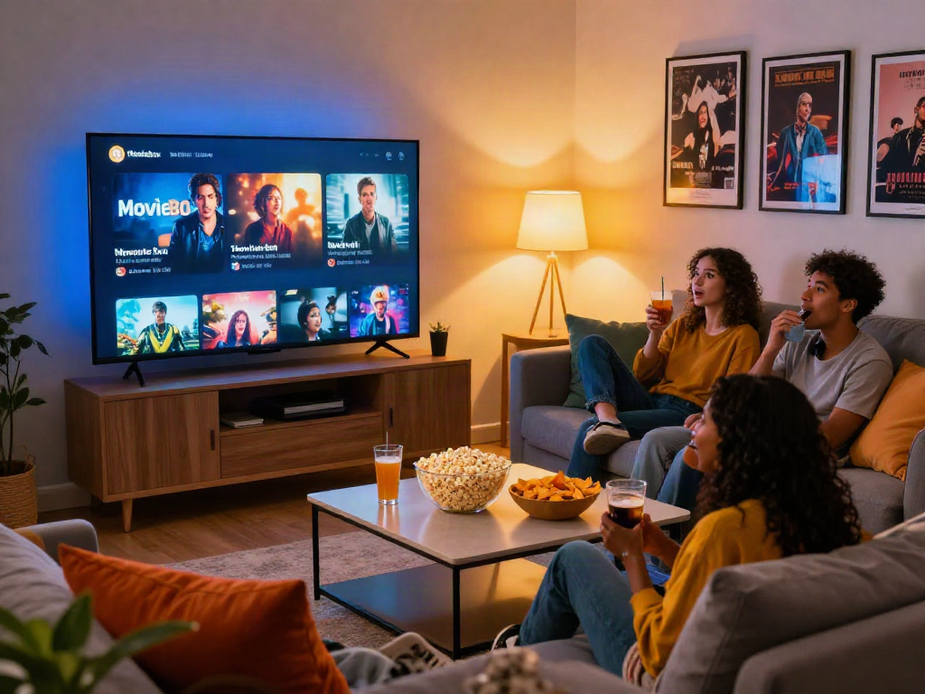 Friends enjoying a movie on the Moviebox app in a cozy entertainment lounge.
