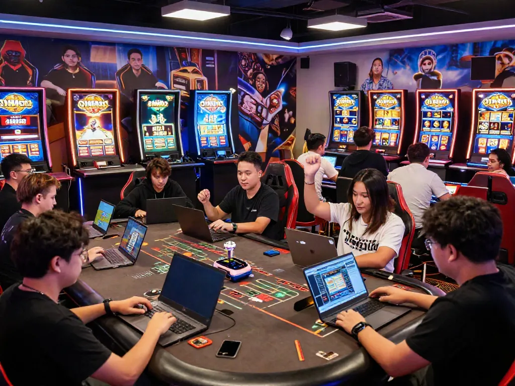 Players enjoying QQMacan games on multiple devices in a vibrant gaming setting.