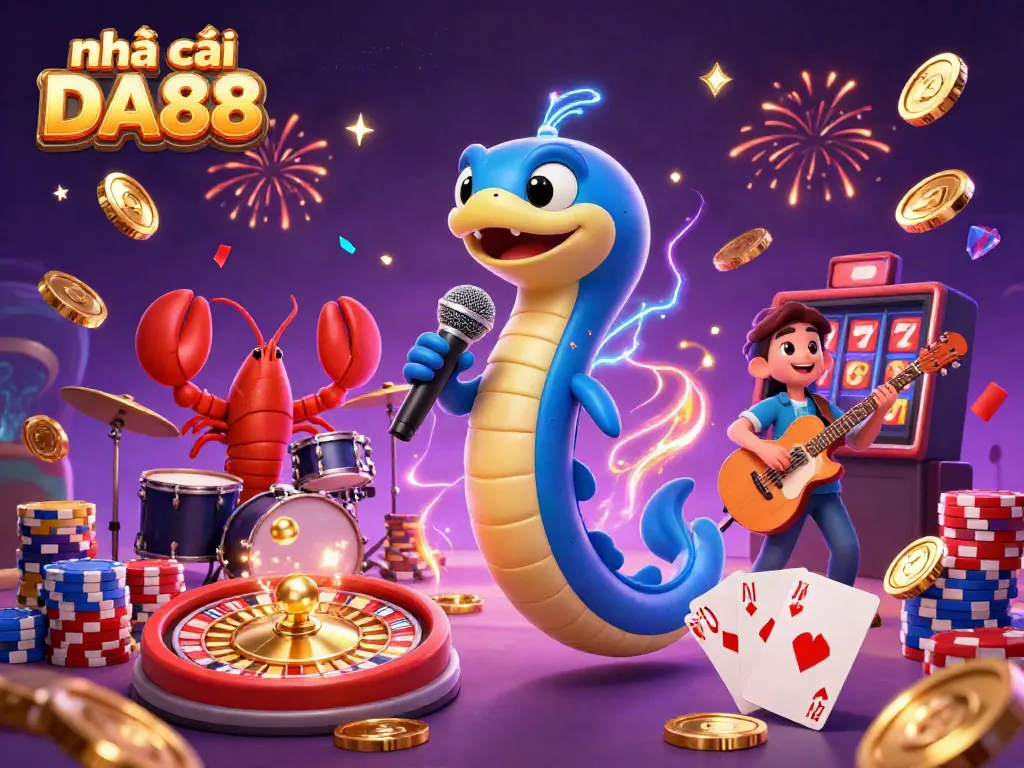 Experience the excitement at nhà cái DA88 with vibrant casino illustrations, showcasing thrilling games and celebrations.