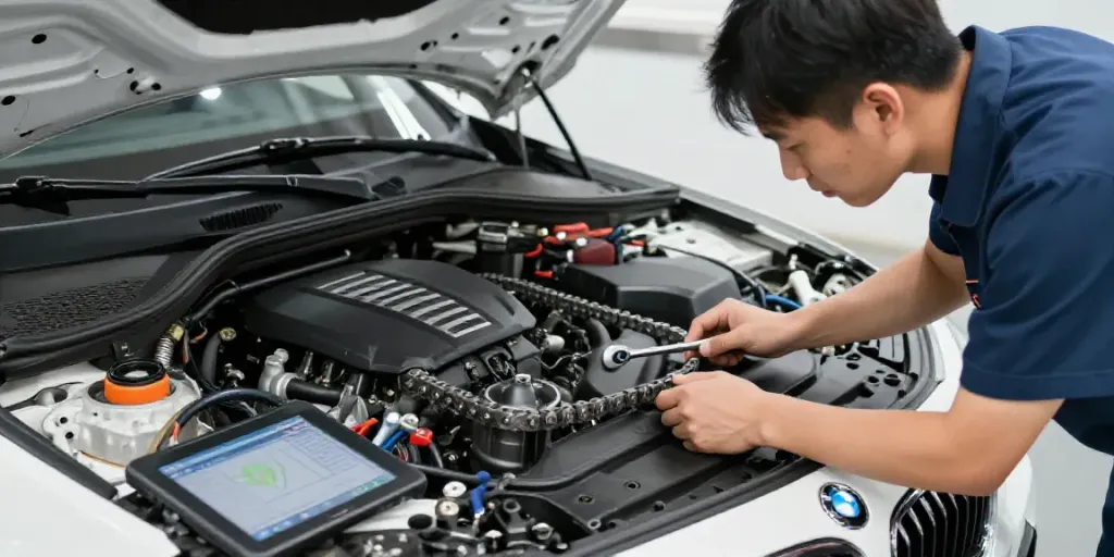 BMW steuerkette wechseln process with a mechanic using tools in a bright workshop.