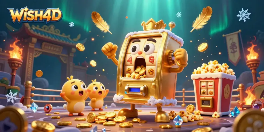 WISH4D slot machine hits jackpot, surrounded by cheering machines and coins pouring out.