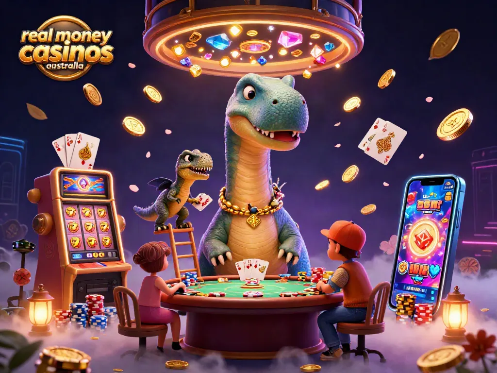 Explore real money casinos Australia with a whimsical dino dealer and vibrant gambling elements.