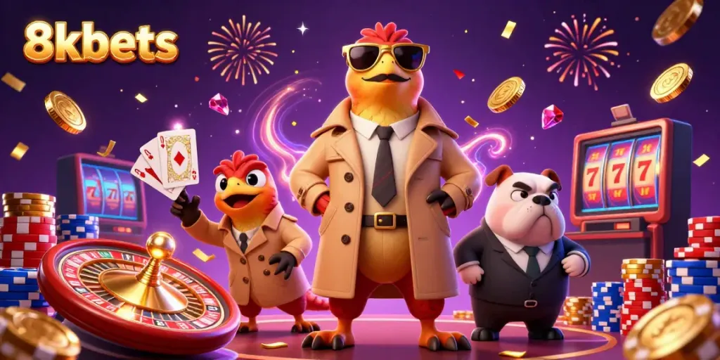 Three cartoon raptors in a trench coat try to sneak into the VIP lounge at 8xbets, surrounded by casino elements.