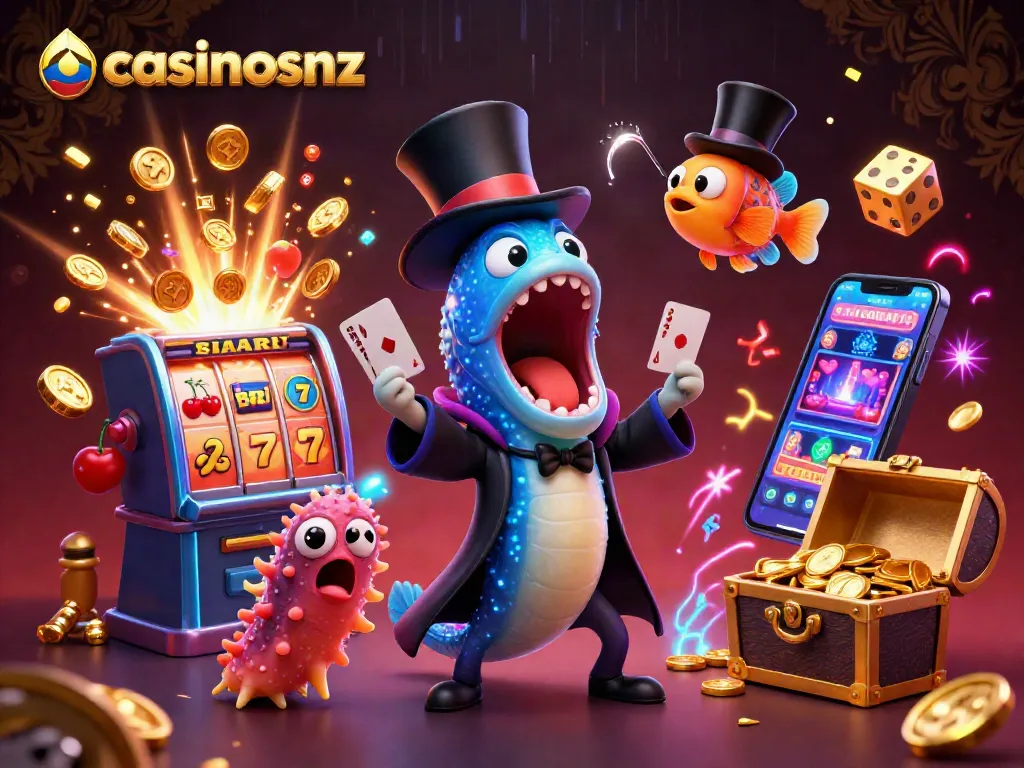 Experience thrilling magic at casinosnz with a deep-sea eel performing card tricks surrounded by jackpots.