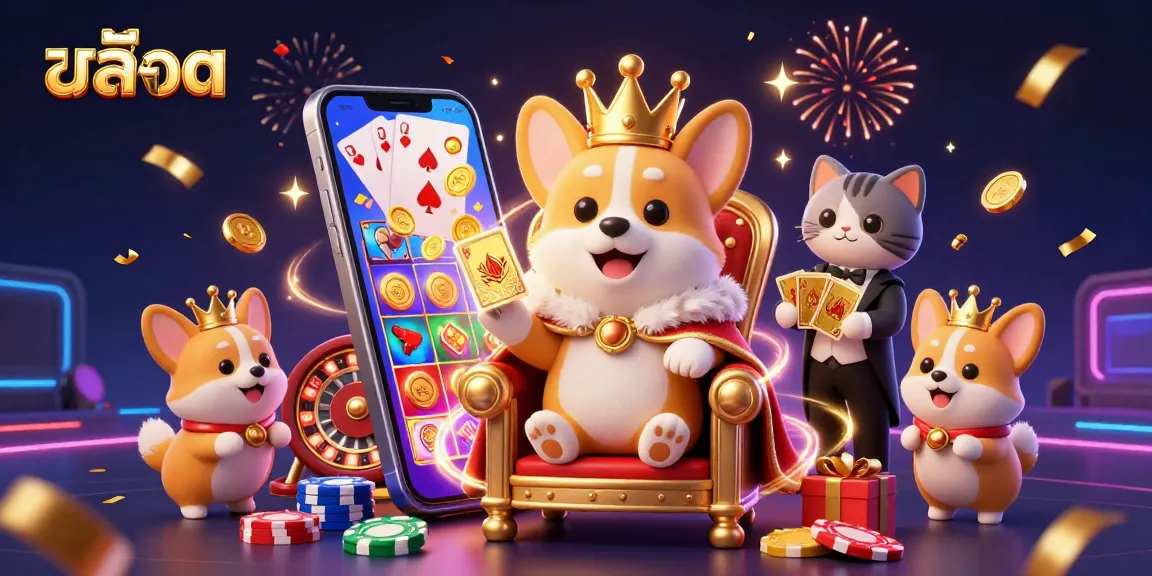 Spin colorful สล็อต games with royal corgi and cat butler in festive 3D scene.