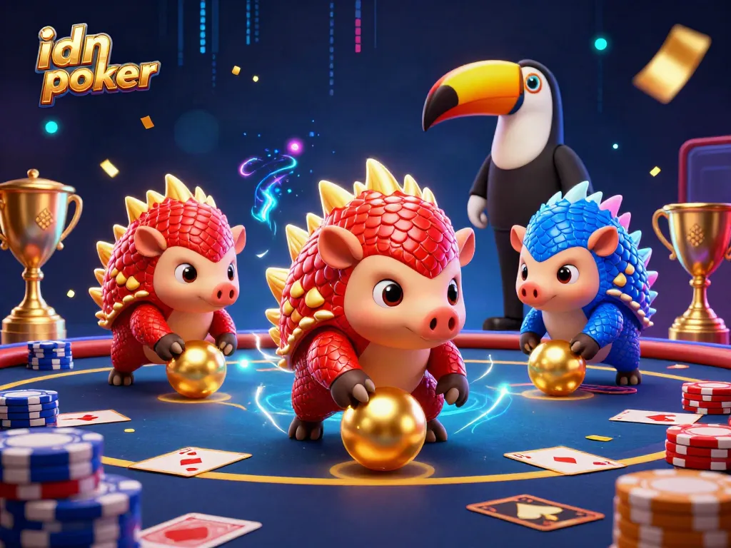 Action-packed scene of idn poker rivalry, showcasing pangolins and poker elements.