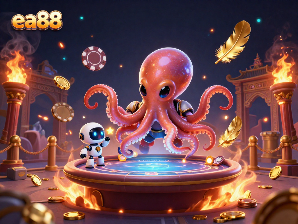 Engage with exciting gaming action at ea88 featuring a vibrant alien octopus and casino elements.