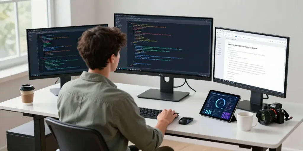 Professional workspace showcasing AI generated text tools and dynamic coding environment.