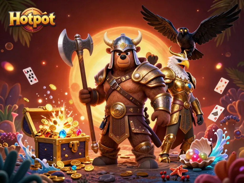 Engage in Hotpot excitement with fierce characters and vibrant casino elements in a dynamic 3D illustration.