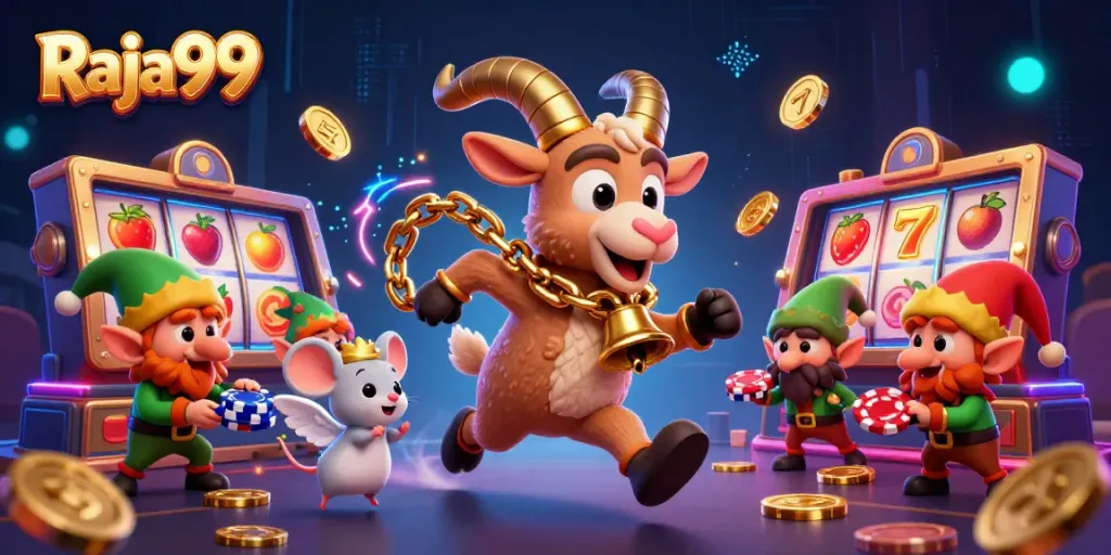 Raja99 menghadirkan suasana seru dengan slot penuh simbol buah dan gremlin nakal mencuri chip.