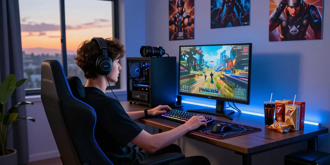Pengaturan gaming online luxury111 di ruang modern dengan pencahayaan lembut dan peralatan gaming canggih.
