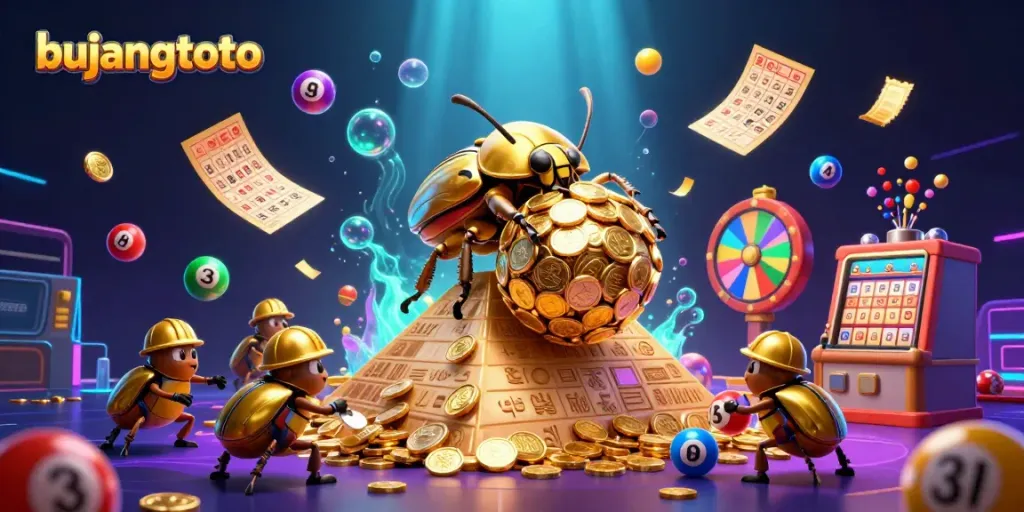 Bujangtoto promotes dynamic gaming with a 3D illustration of a golden dung beetle and colorful lottery elements.