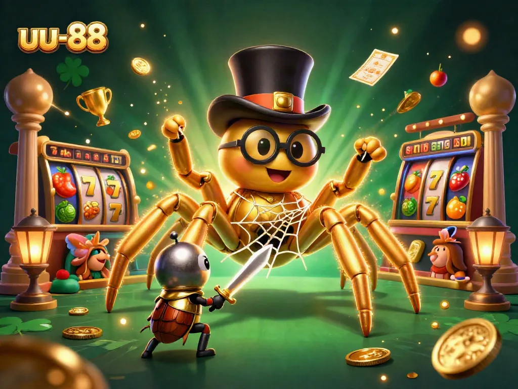 Experience the thrill of uu-88 casino with a golden tarantula, beetle knight, and vibrant gaming elements.